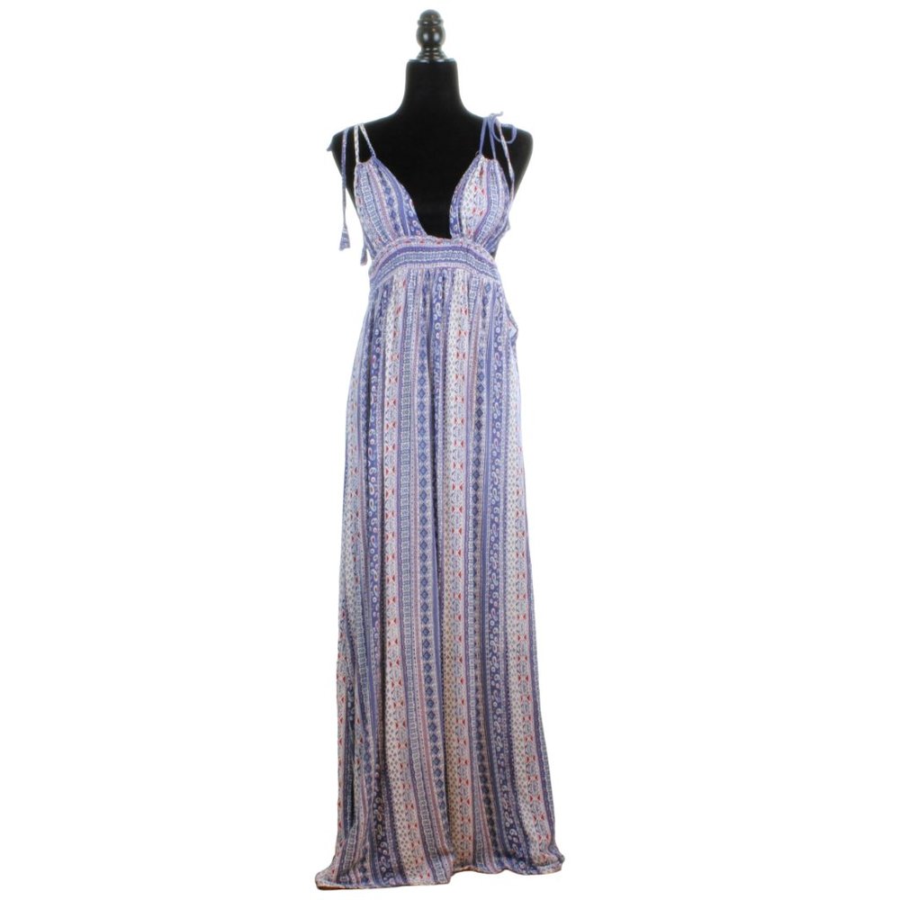 Blue and White Sleeveless Maxi Sundress